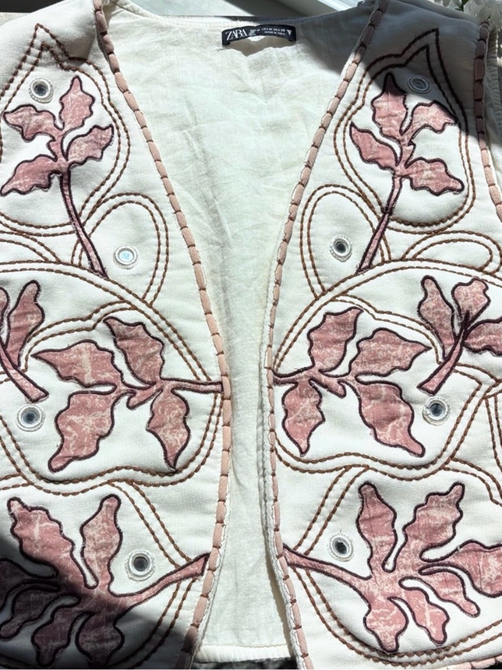 Zara Cream Embroidered Open Front Vest - Pink Floral Accents